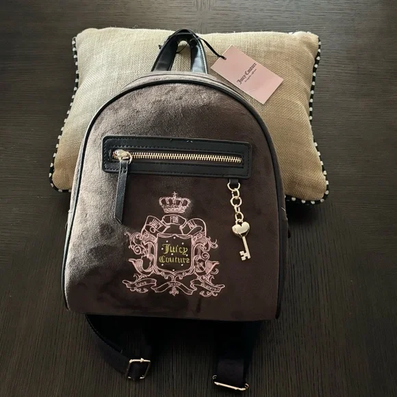 Juicy Couture Velour Backpack Brown Crest Logo Heart Key Charm NWT Y2K - Picture 2 of 7